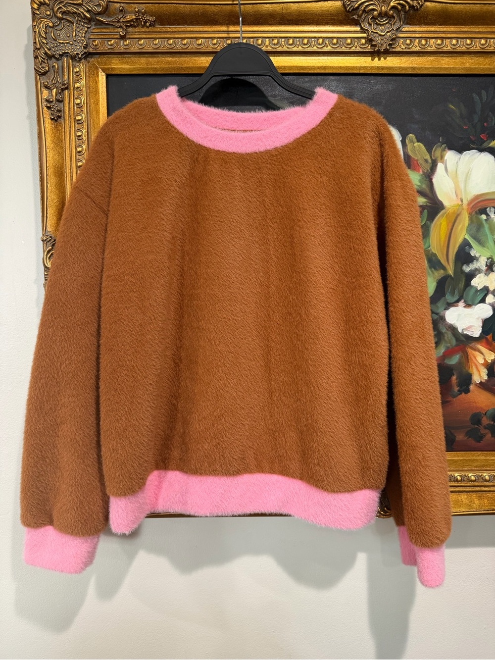 Maeve Brown Fuzzy Pullover with Pink Trim